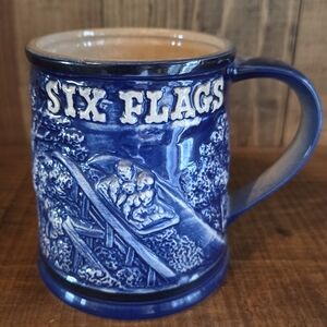 1960's Six Flags Amusement Park Cup Mug Blue Flume Ride Roller Coaster Vintage